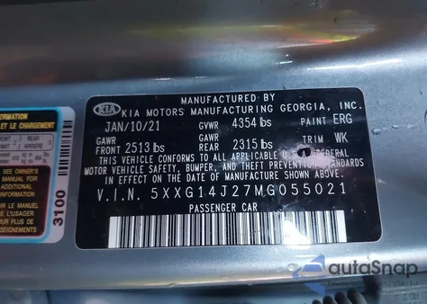 2021 Kia K5 Lxs from USA, damaged, VIN 5XXG14J27MG055021